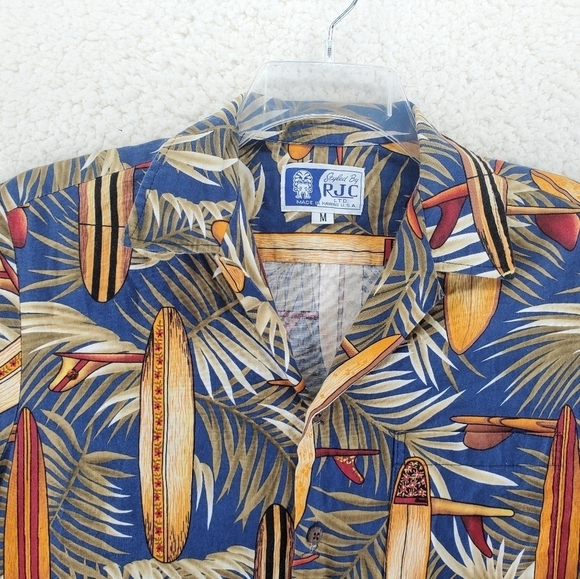 Vtg RJC Hawaiian Shirt Men M Colorful Surfboards AOP Cotton Lawn Resortwear USA - Picture 10 of 11